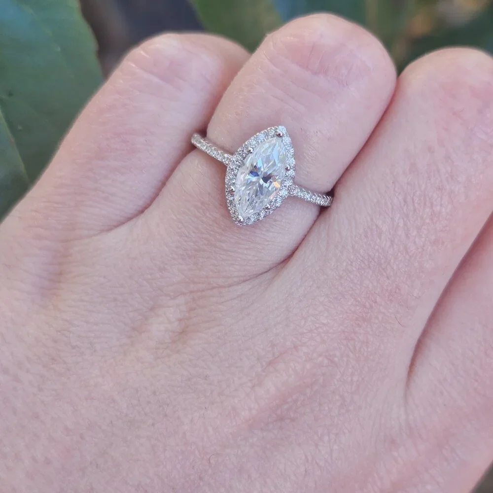 Marquise Cut Moissanite Engagement Ring, Statement, Size 6, Halo, Gift for her